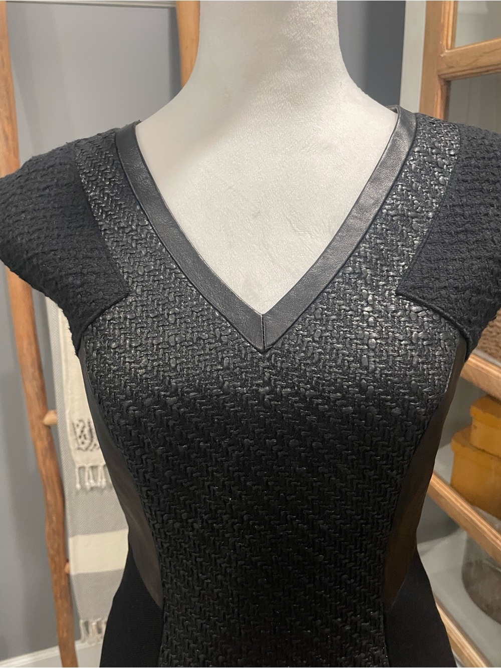 Leather and Favric Black V‑Neck Textured Sheath Dress